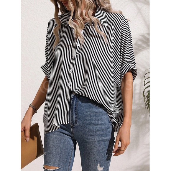 Striped Black White Button Up Front Shirt Oversized Batwing Half Sleeve V-Neck - Picture 5 of 9